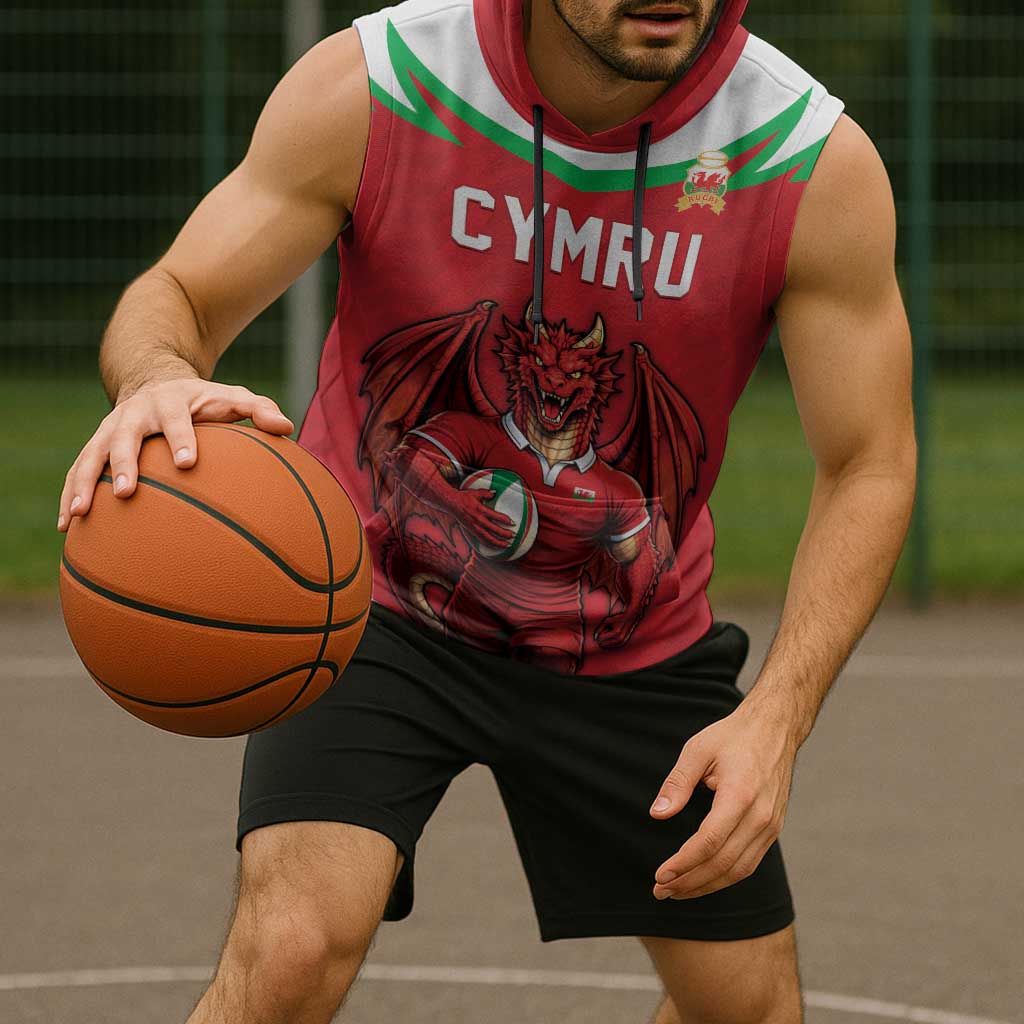 Custom Rugby Wales Sleeveless Hoodie Y Ddraig Goch Mascot Design