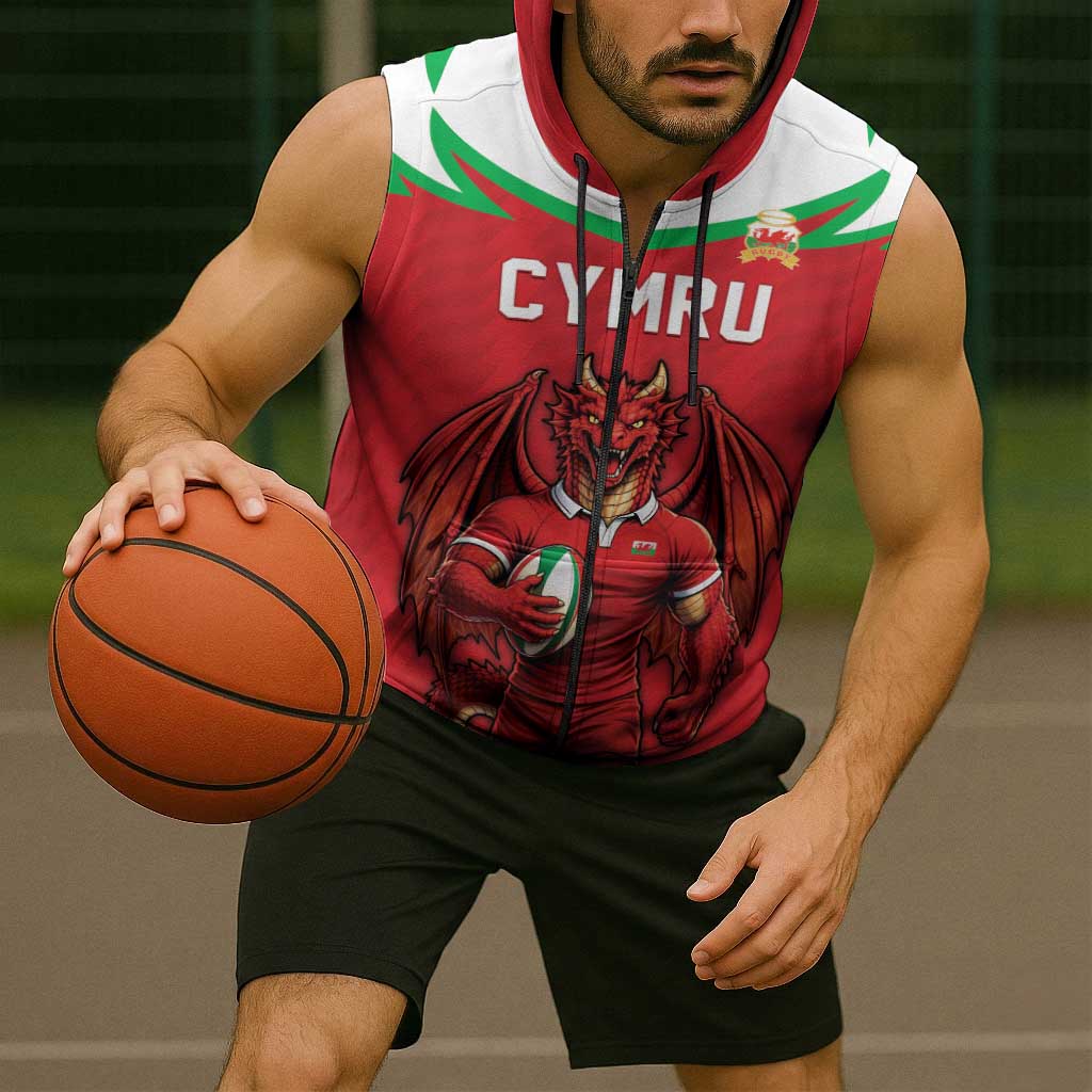 Custom Rugby Wales Sleeveless Zip Hoodie Y Ddraig Goch Mascot Design