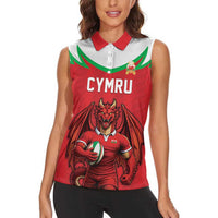 Custom Rugby Wales Women Sleeveless Polo Shirt Y Ddraig Goch Mascot Design