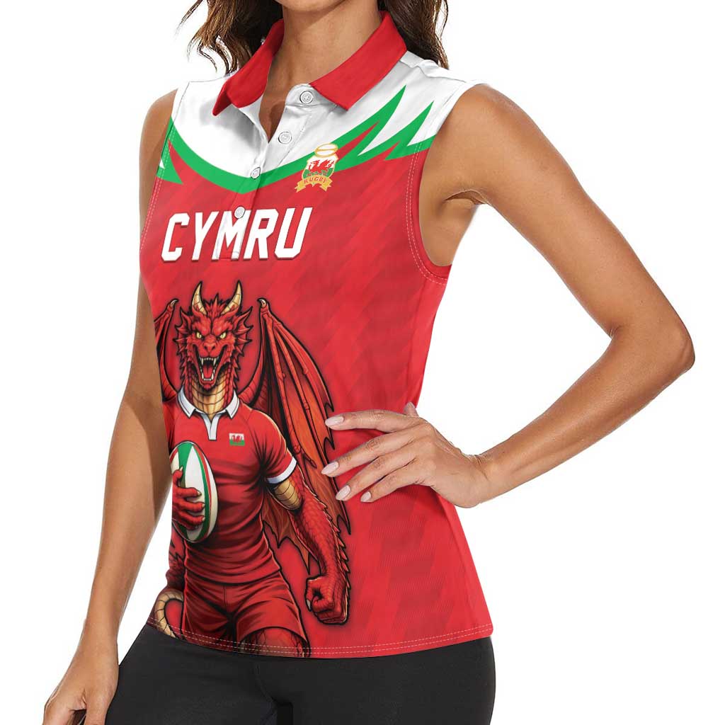 Custom Rugby Wales Women Sleeveless Polo Shirt Y Ddraig Goch Mascot Design