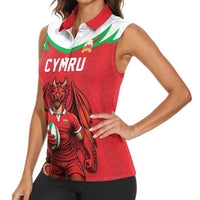 Custom Rugby Wales Women Sleeveless Polo Shirt Y Ddraig Goch Mascot Design