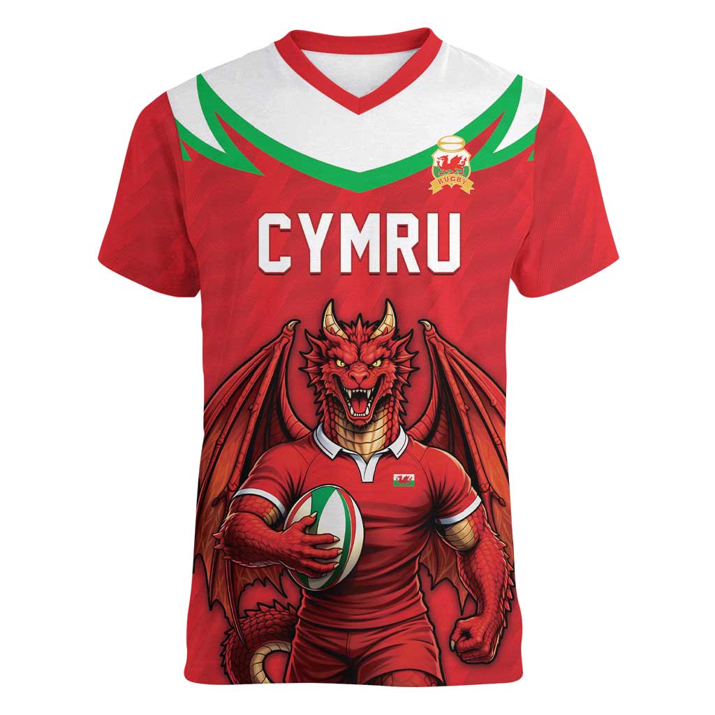 Custom Rugby Wales Women V-Neck T-Shirt Y Ddraig Goch Mascot Design