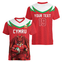Custom Rugby Wales Women V-Neck T-Shirt Y Ddraig Goch Mascot Design