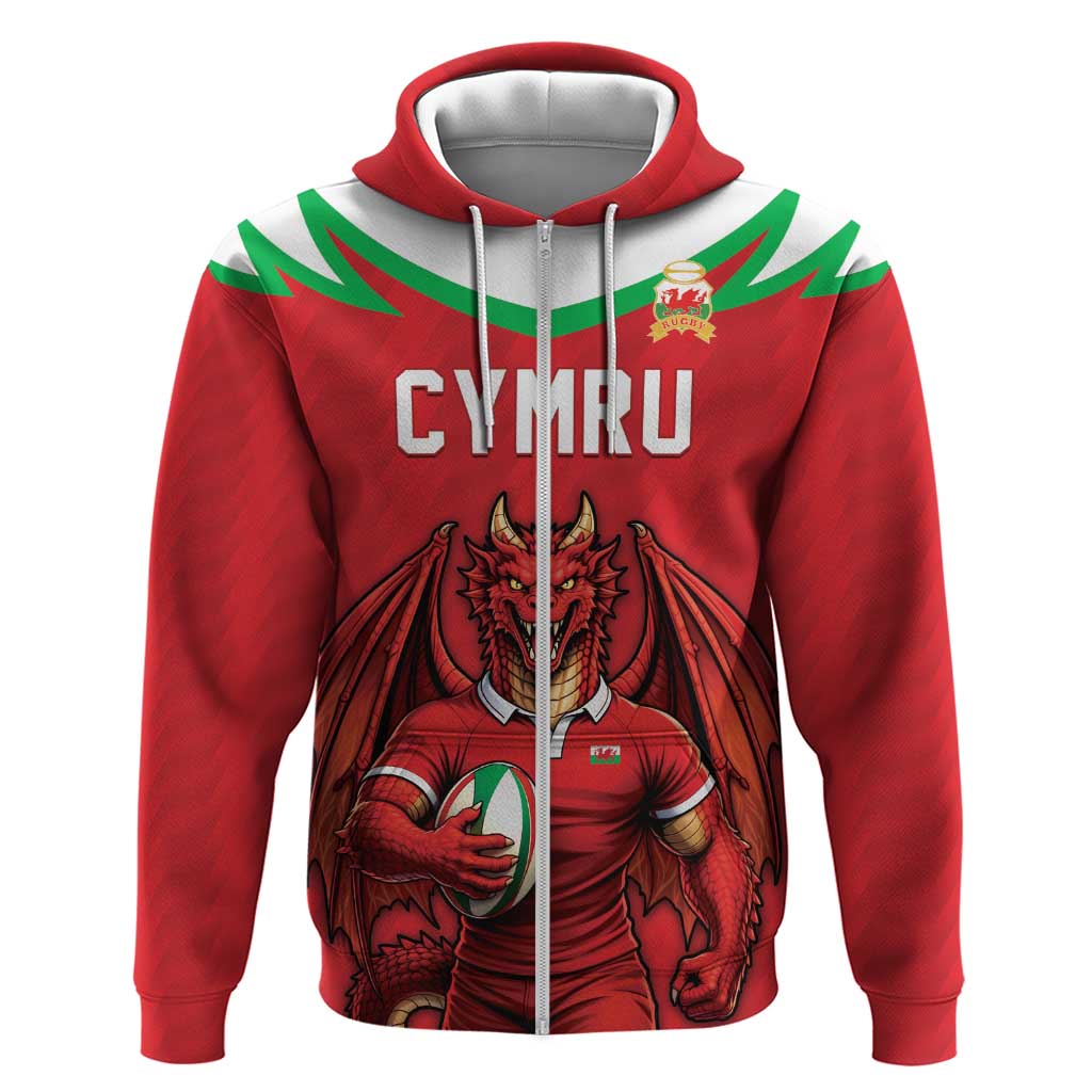 Custom Rugby Wales Zip Hoodie Y Ddraig Goch Mascot Design