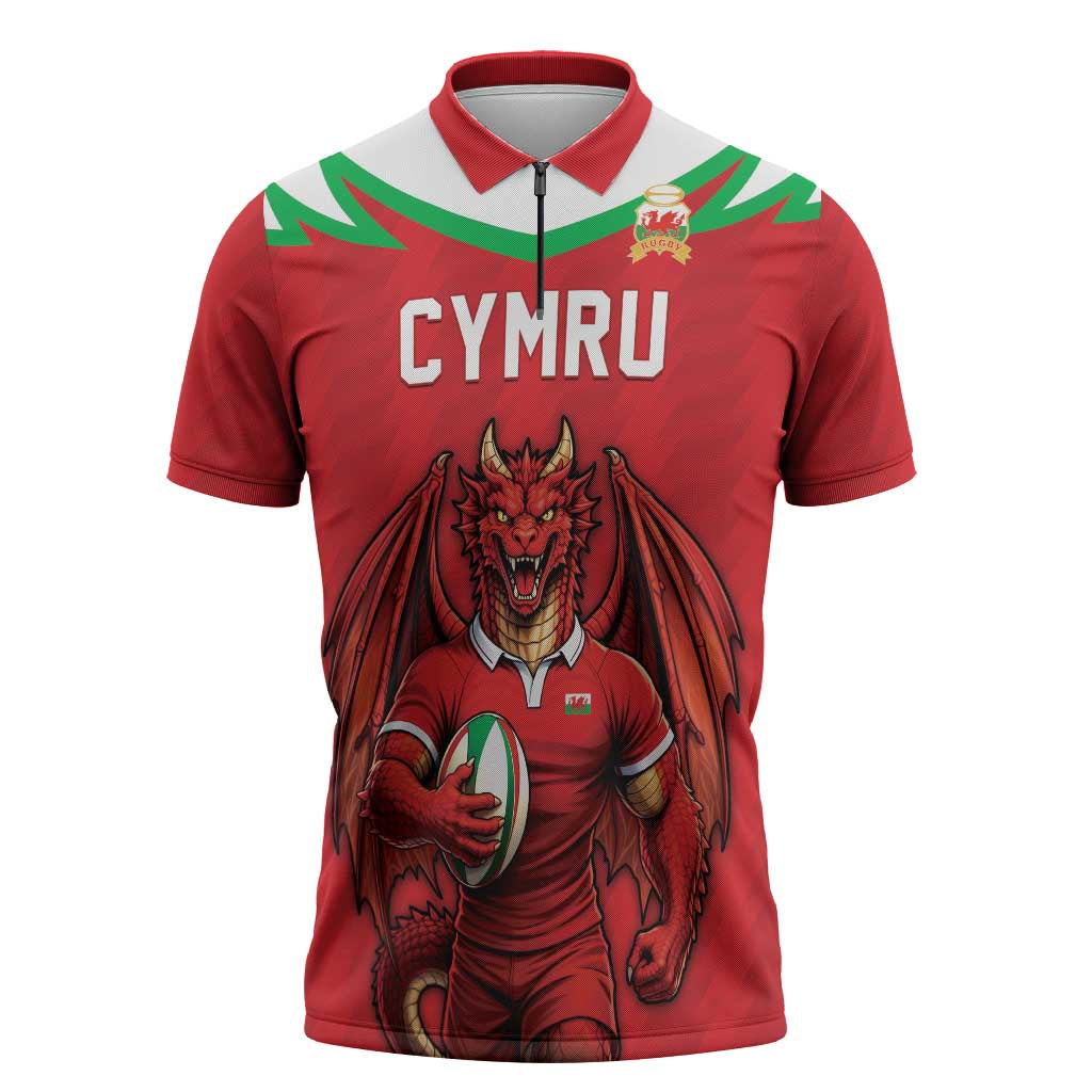 Custom Rugby Wales Zipper Polo Shirt Y Ddraig Goch Mascot Design