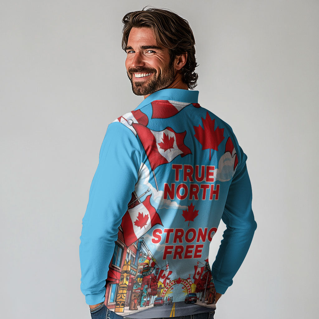 Happy Canada Day Long Sleeve Polo Shirt True North Strong Free Maple Leaf