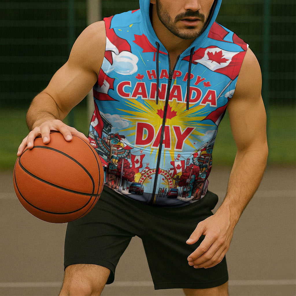 Happy Canada Day Sleeveless Zip Hoodie True North Strong Free Maple Leaf