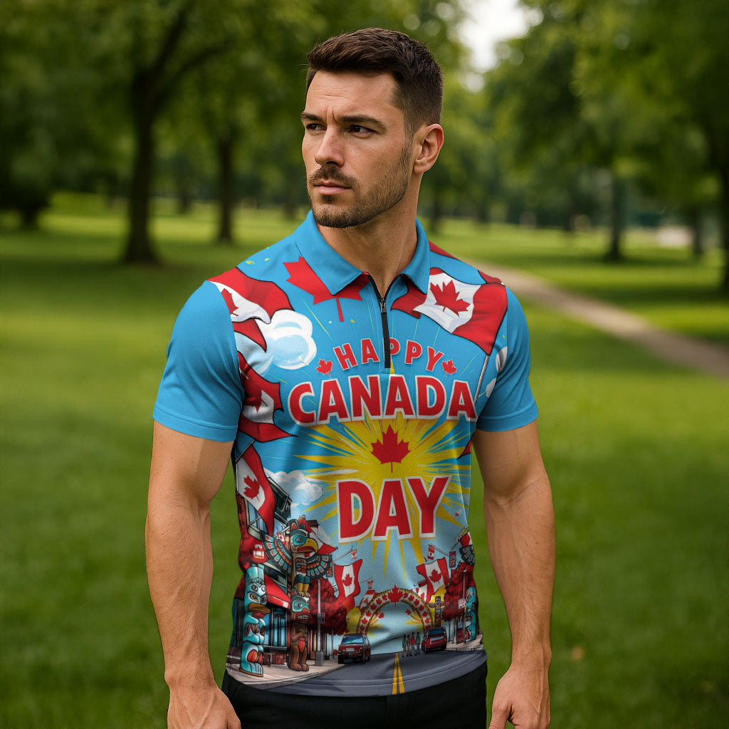 Happy Canada Day Zipper Polo Shirt True North Strong Free Maple Leaf