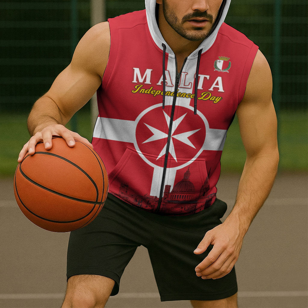 Personalized Malta Independence Day Sleeveless Zip Hoodie Maltese Cross Heritage Pride