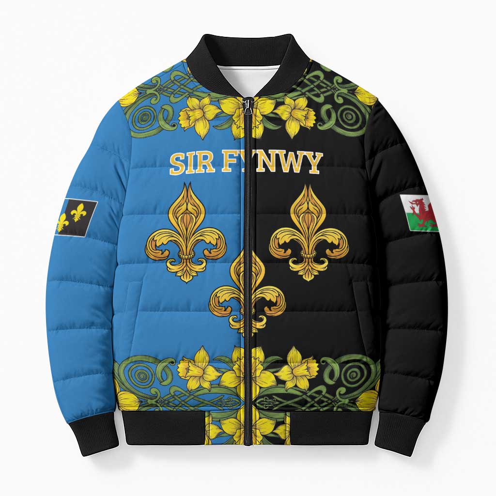 Personalized Monmouthshire Wales Bomber Puffer Jacket Sir Fynwy Flag With Welsh Daffodil - Wonder Print Shop