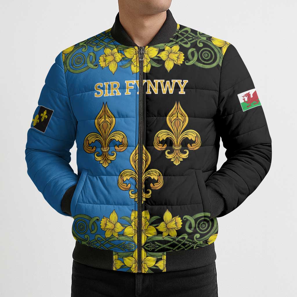 Personalized Monmouthshire Wales Bomber Puffer Jacket Sir Fynwy Flag With Welsh Daffodil - Wonder Print Shop