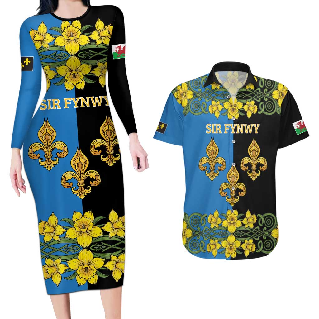 Personalized Monmouthshire Wales Couples Matching Long Sleeve Bodycon Dress and Hawaiian Shirt Sir Fynwy Flag With Welsh Daffodil - Wonder Print Shop