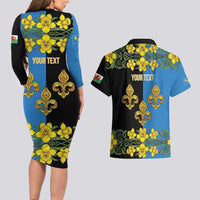 Personalized Monmouthshire Wales Couples Matching Long Sleeve Bodycon Dress and Hawaiian Shirt Sir Fynwy Flag With Welsh Daffodil - Wonder Print Shop