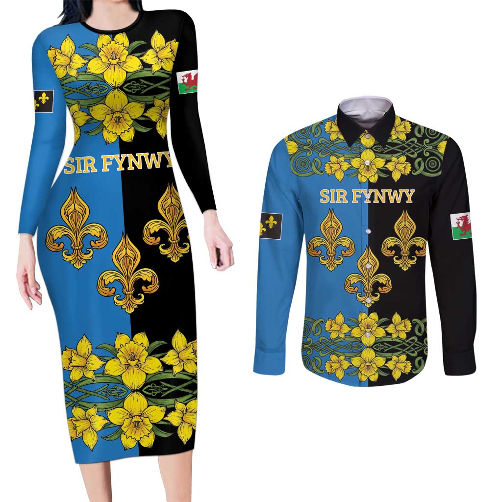 Personalized Monmouthshire Wales Couples Matching Long Sleeve Bodycon Dress and Long Sleeve Button Shirt Sir Fynwy Flag With Welsh Daffodil - Wonder Print Shop