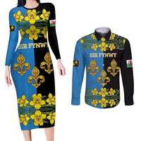 Personalized Monmouthshire Wales Couples Matching Long Sleeve Bodycon Dress and Long Sleeve Button Shirt Sir Fynwy Flag With Welsh Daffodil - Wonder Print Shop