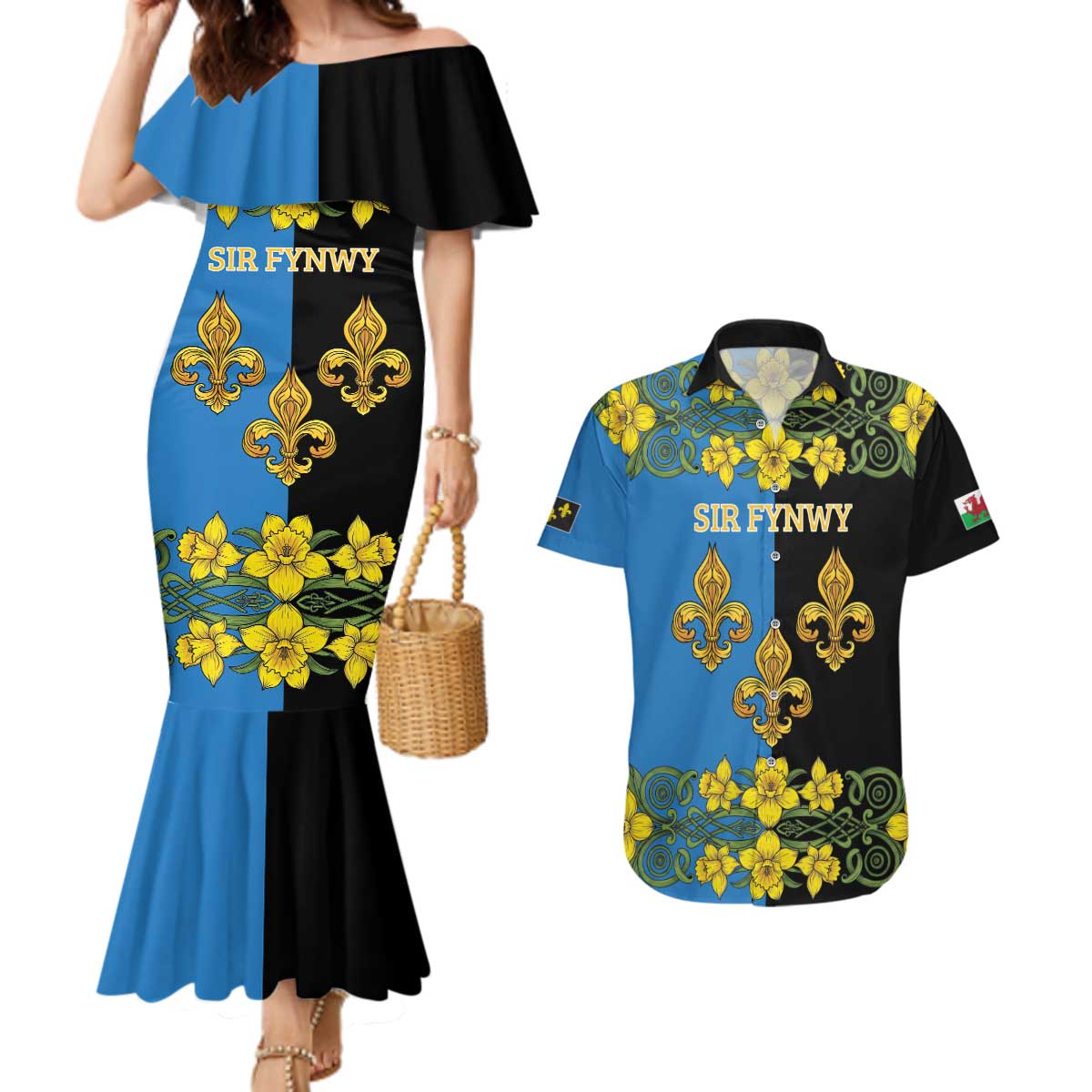 Personalized Monmouthshire Wales Couples Matching Mermaid Dress and Hawaiian Shirt Sir Fynwy Flag With Welsh Daffodil - Wonder Print Shop