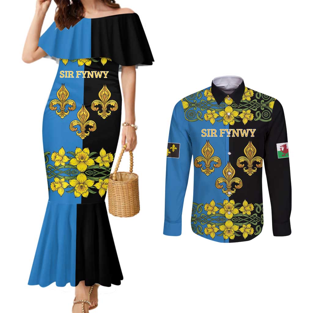 Personalized Monmouthshire Wales Couples Matching Mermaid Dress and Long Sleeve Button Shirt Sir Fynwy Flag With Welsh Daffodil - Wonder Print Shop