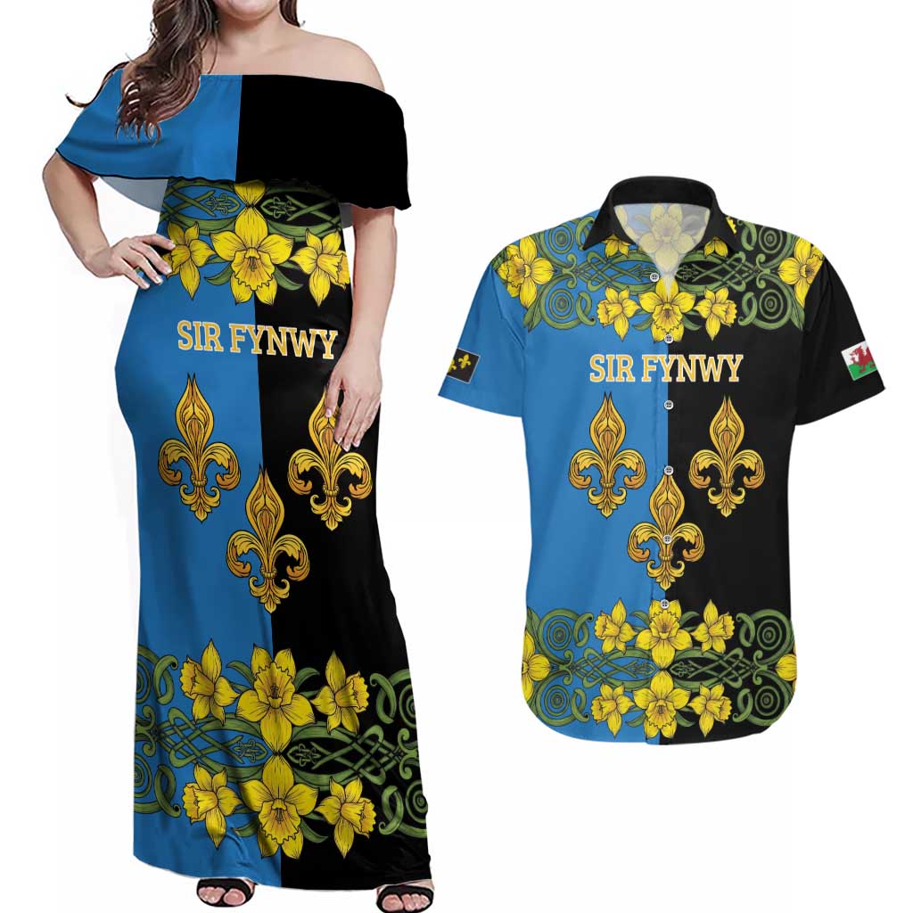 Personalized Monmouthshire Wales Couples Matching Off Shoulder Maxi Dress and Hawaiian Shirt Sir Fynwy Flag With Welsh Daffodil - Wonder Print Shop