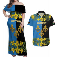 Personalized Monmouthshire Wales Couples Matching Off Shoulder Maxi Dress and Hawaiian Shirt Sir Fynwy Flag With Welsh Daffodil - Wonder Print Shop