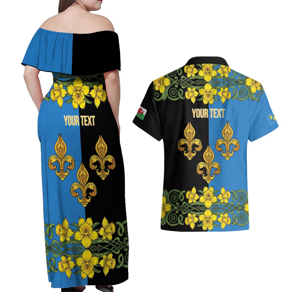 Personalized Monmouthshire Wales Couples Matching Off Shoulder Maxi Dress and Hawaiian Shirt Sir Fynwy Flag With Welsh Daffodil - Wonder Print Shop