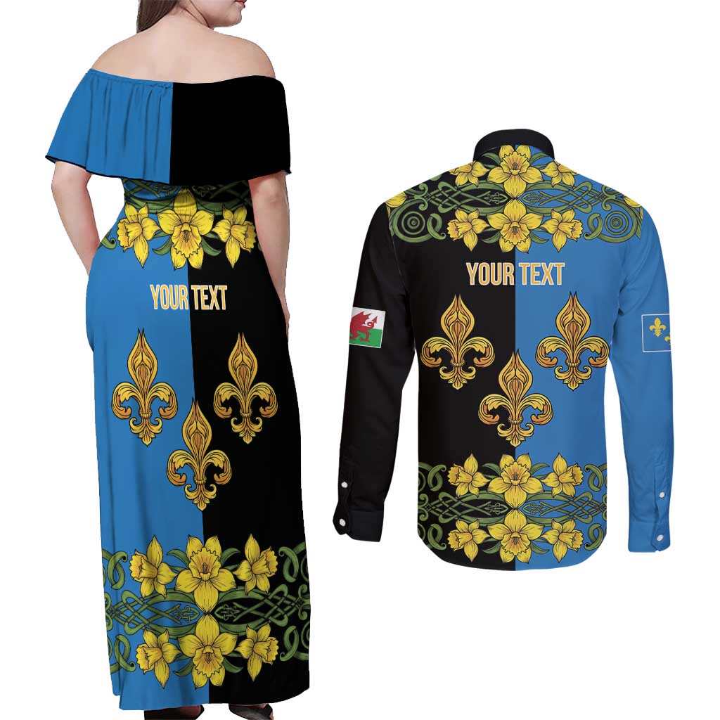 Personalized Monmouthshire Wales Couples Matching Off Shoulder Maxi Dress and Long Sleeve Button Shirt Sir Fynwy Flag With Welsh Daffodil - Wonder Print Shop