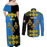 Personalized Monmouthshire Wales Couples Matching Off Shoulder Maxi Dress and Long Sleeve Button Shirt Sir Fynwy Flag With Welsh Daffodil - Wonder Print Shop