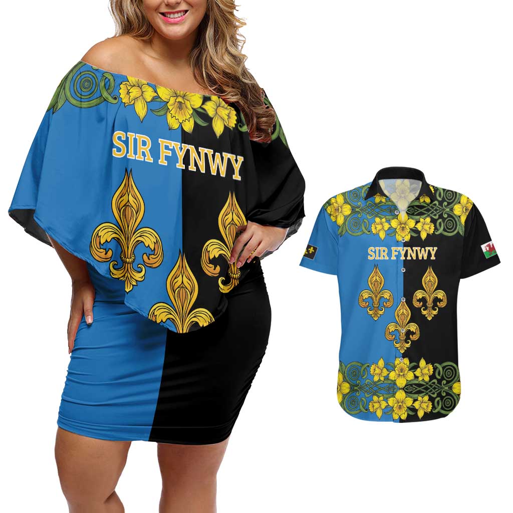 Personalized Monmouthshire Wales Couples Matching Off Shoulder Short Dress and Hawaiian Shirt Sir Fynwy Flag With Welsh Daffodil - Wonder Print Shop