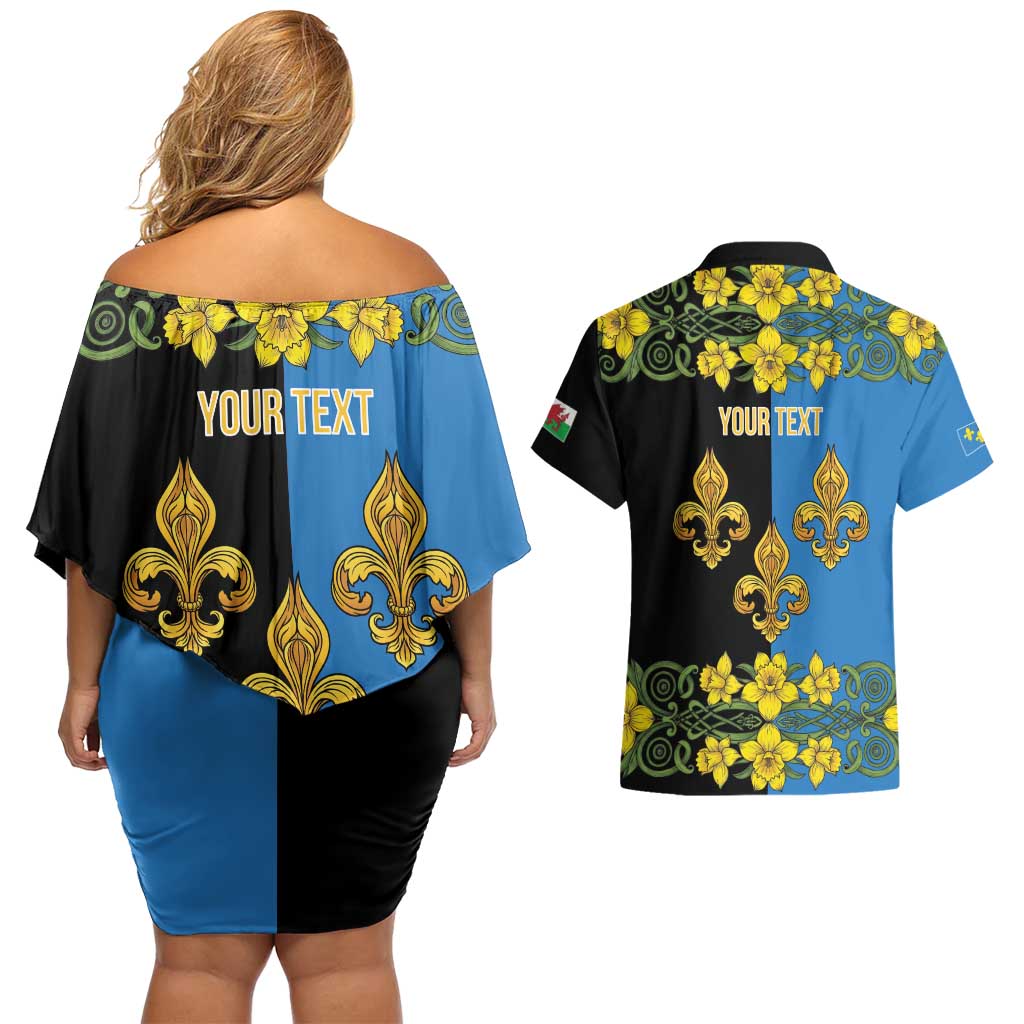 Personalized Monmouthshire Wales Couples Matching Off Shoulder Short Dress and Hawaiian Shirt Sir Fynwy Flag With Welsh Daffodil - Wonder Print Shop