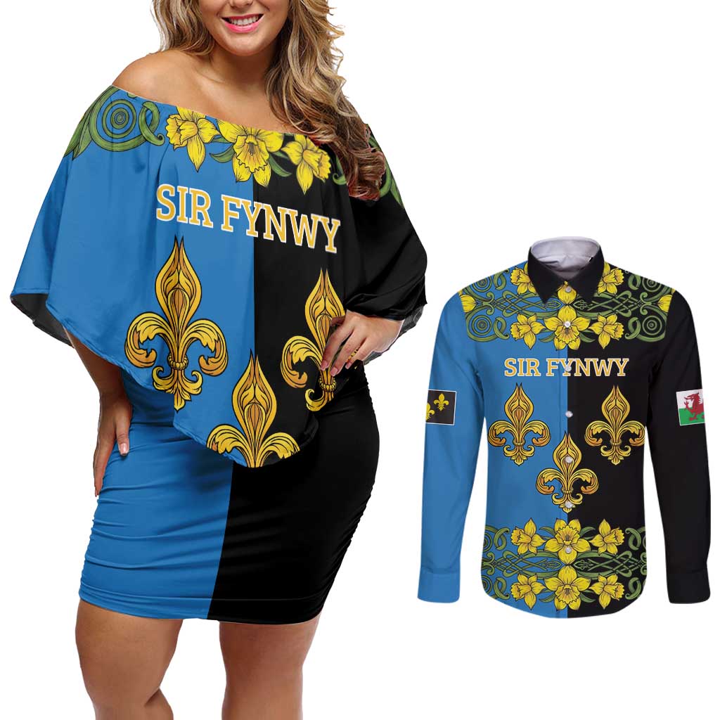 Personalized Monmouthshire Wales Couples Matching Off Shoulder Short Dress and Long Sleeve Button Shirt Sir Fynwy Flag With Welsh Daffodil - Wonder Print Shop