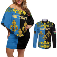 Personalized Monmouthshire Wales Couples Matching Off Shoulder Short Dress and Long Sleeve Button Shirt Sir Fynwy Flag With Welsh Daffodil - Wonder Print Shop