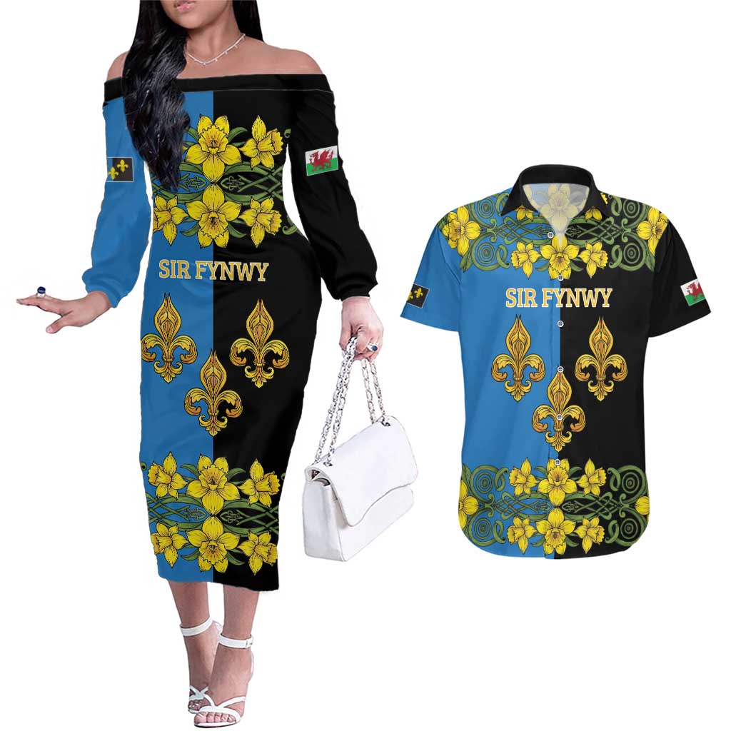 Personalized Monmouthshire Wales Couples Matching Off The Shoulder Long Sleeve Dress and Hawaiian Shirt Sir Fynwy Flag With Welsh Daffodil - Wonder Print Shop