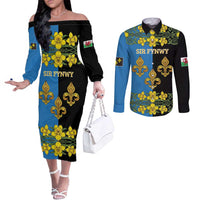 Personalized Monmouthshire Wales Couples Matching Off The Shoulder Long Sleeve Dress and Long Sleeve Button Shirt Sir Fynwy Flag With Welsh Daffodil - Wonder Print Shop
