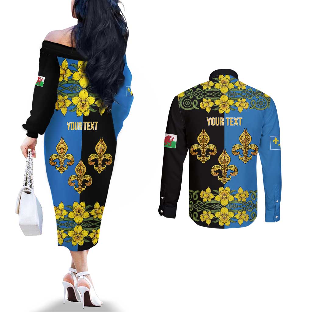 Personalized Monmouthshire Wales Couples Matching Off The Shoulder Long Sleeve Dress and Long Sleeve Button Shirt Sir Fynwy Flag With Welsh Daffodil - Wonder Print Shop
