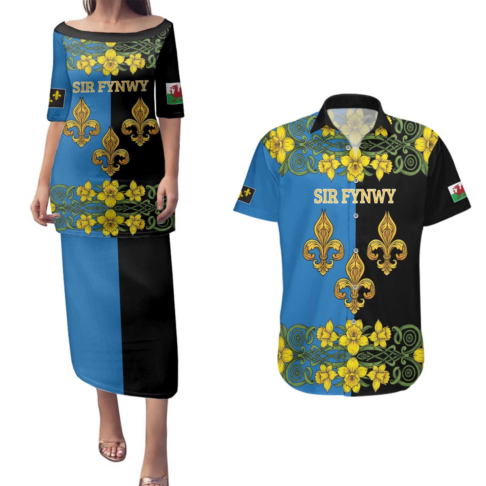 Personalized Monmouthshire Wales Couples Matching Puletasi and Hawaiian Shirt Sir Fynwy Flag With Welsh Daffodil - Wonder Print Shop