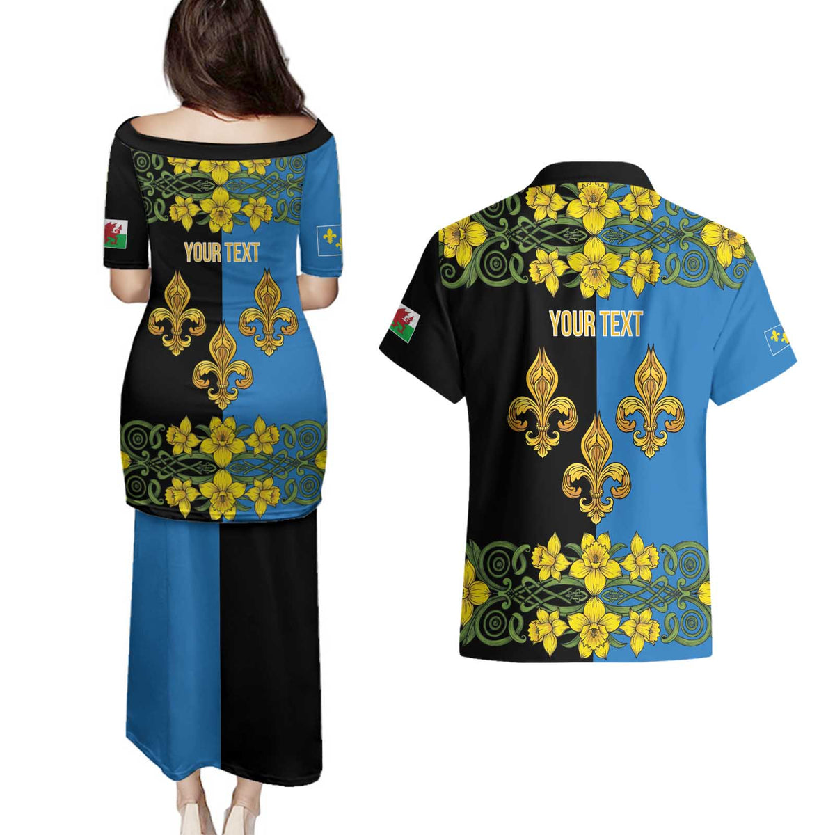 Personalized Monmouthshire Wales Couples Matching Puletasi and Hawaiian Shirt Sir Fynwy Flag With Welsh Daffodil - Wonder Print Shop