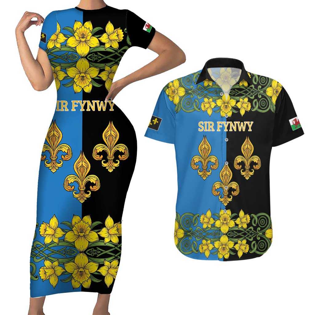Personalized Monmouthshire Wales Couples Matching Short Sleeve Bodycon Dress and Hawaiian Shirt Sir Fynwy Flag With Welsh Daffodil - Wonder Print Shop