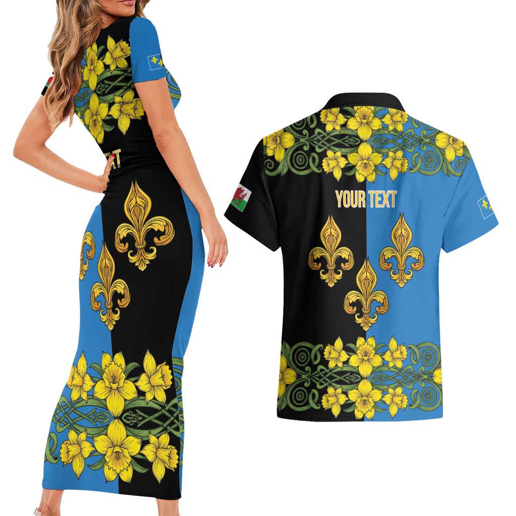 Personalized Monmouthshire Wales Couples Matching Short Sleeve Bodycon Dress and Hawaiian Shirt Sir Fynwy Flag With Welsh Daffodil - Wonder Print Shop