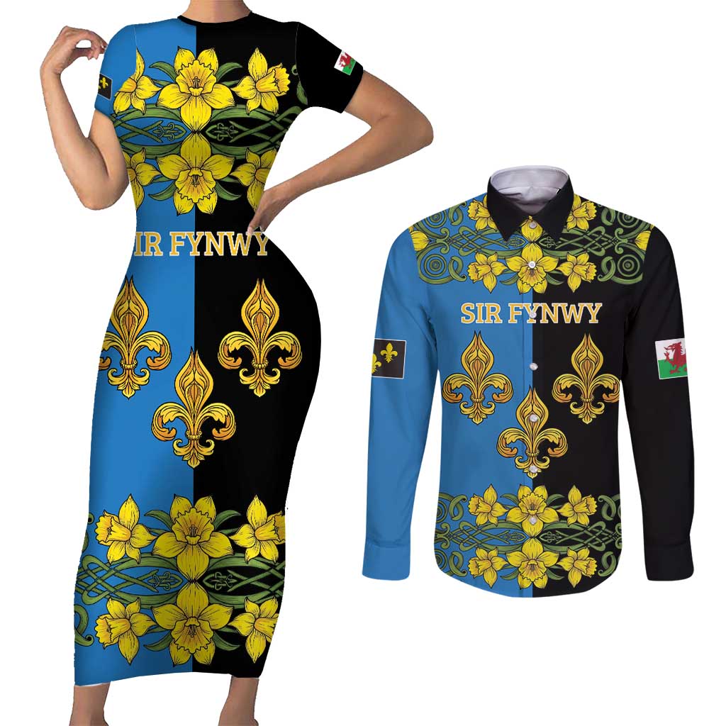 Personalized Monmouthshire Wales Couples Matching Short Sleeve Bodycon Dress and Long Sleeve Button Shirt Sir Fynwy Flag With Welsh Daffodil - Wonder Print Shop