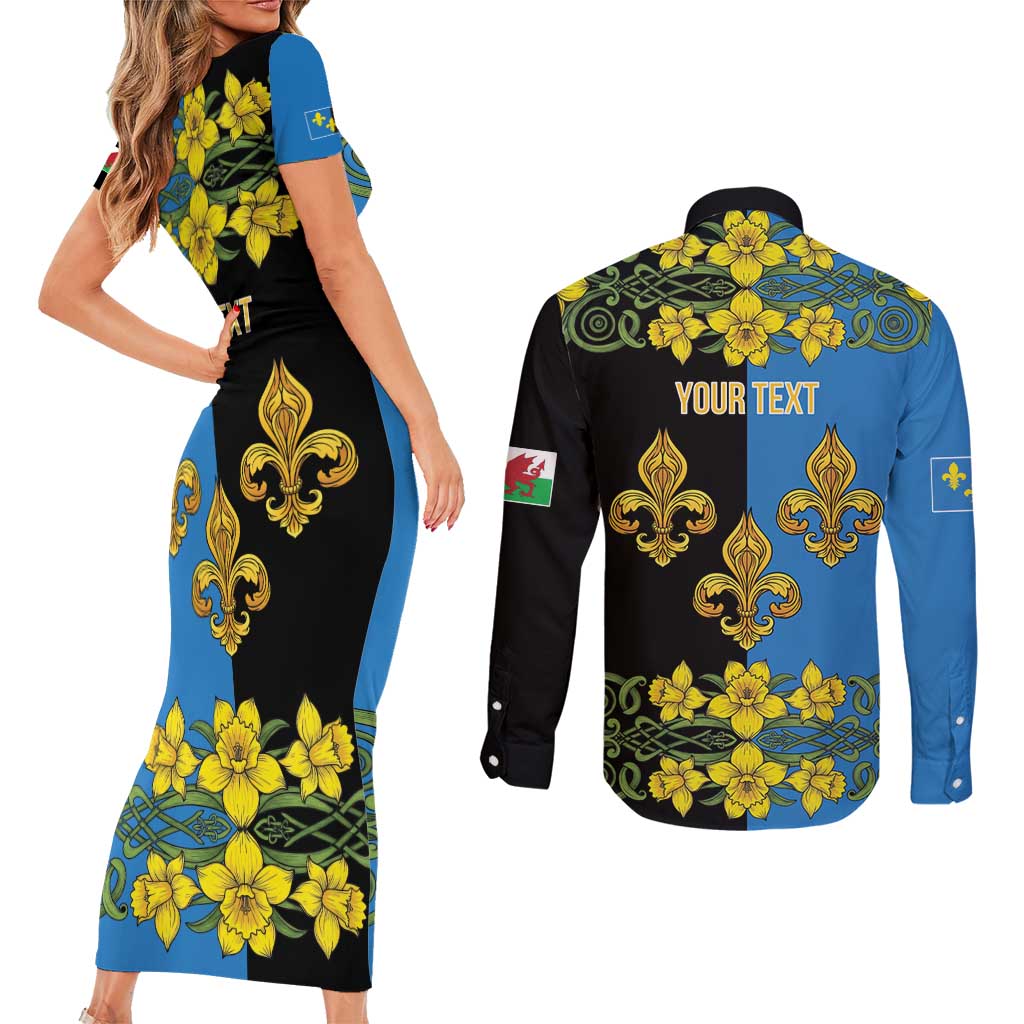 Personalized Monmouthshire Wales Couples Matching Short Sleeve Bodycon Dress and Long Sleeve Button Shirt Sir Fynwy Flag With Welsh Daffodil - Wonder Print Shop