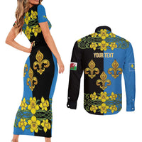 Personalized Monmouthshire Wales Couples Matching Short Sleeve Bodycon Dress and Long Sleeve Button Shirt Sir Fynwy Flag With Welsh Daffodil - Wonder Print Shop