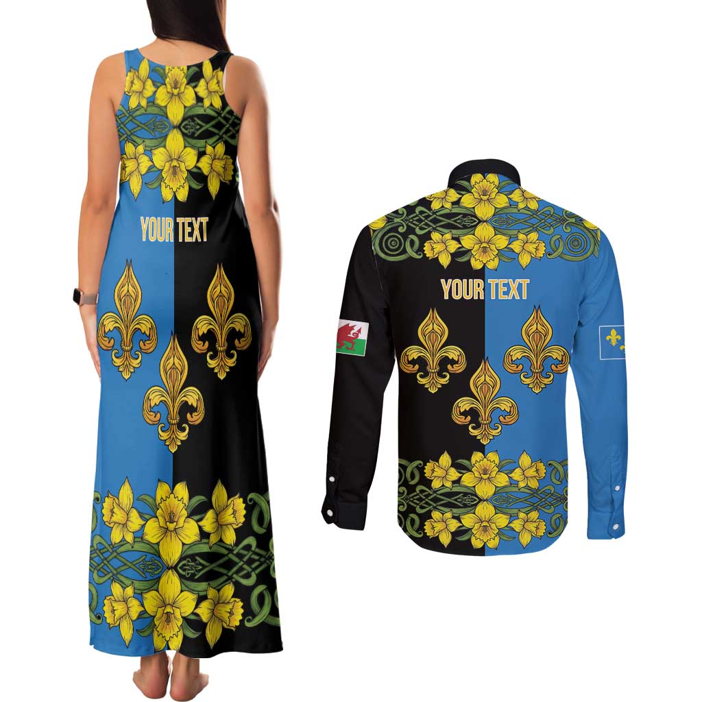 Personalized Monmouthshire Wales Couples Matching Tank Maxi Dress and Long Sleeve Button Shirt Sir Fynwy Flag With Welsh Daffodil - Wonder Print Shop