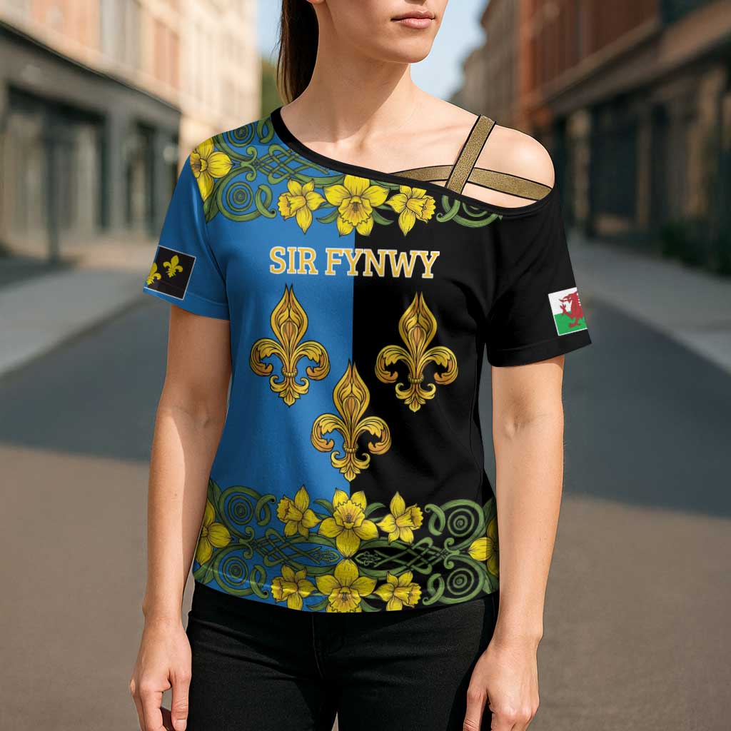 Personalized Monmouthshire Wales Cross Shoulder Shirt Sir Fynwy Flag With Welsh Daffodil - Wonder Print Shop