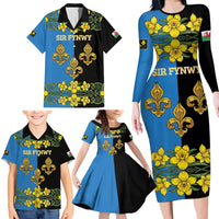 Personalized Monmouthshire Wales Family Matching Long Sleeve Bodycon Dress and Hawaiian Shirt Sir Fynwy Flag With Welsh Daffodil - Wonder Print Shop