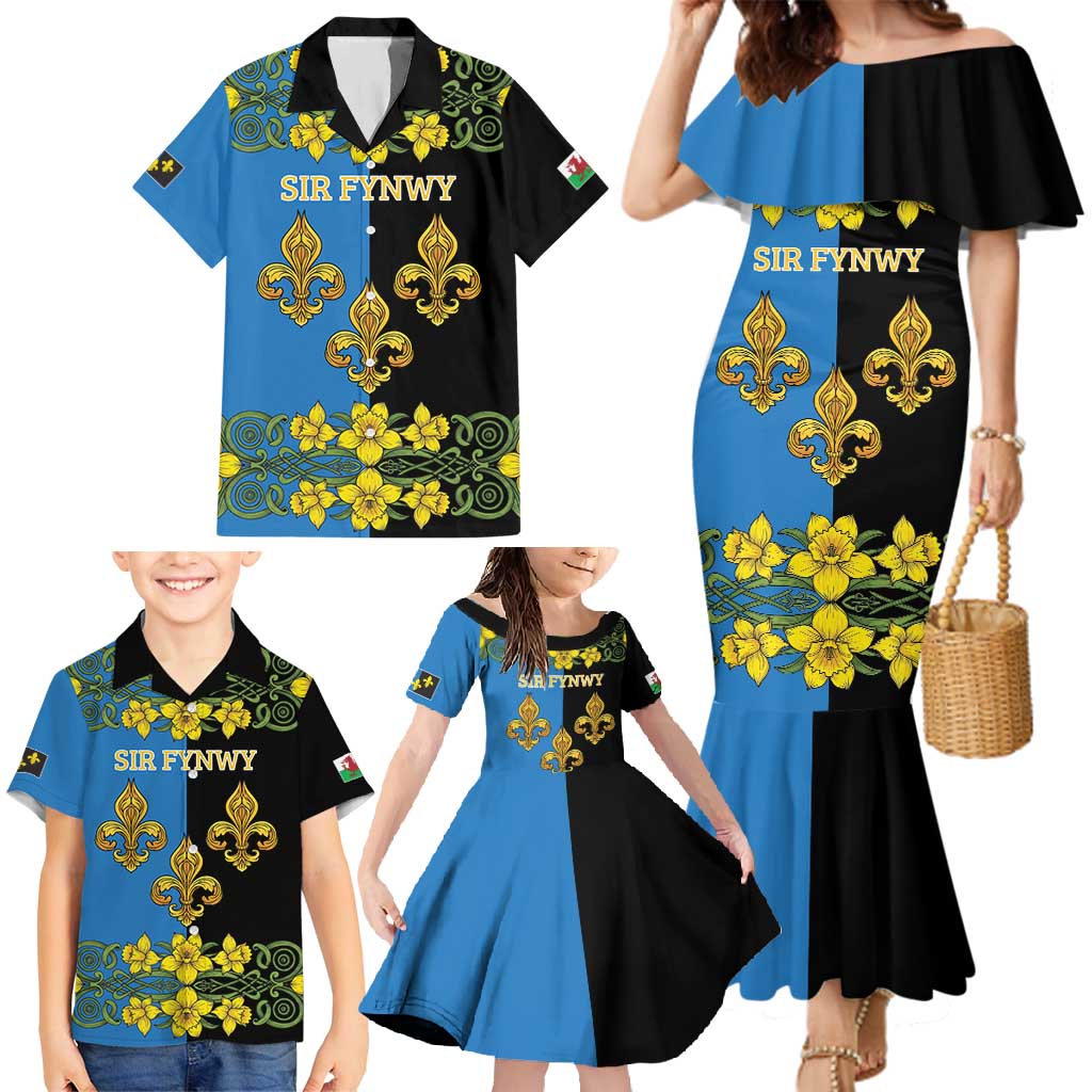 Personalized Monmouthshire Wales Family Matching Mermaid Dress and Hawaiian Shirt Sir Fynwy Flag With Welsh Daffodil - Wonder Print Shop