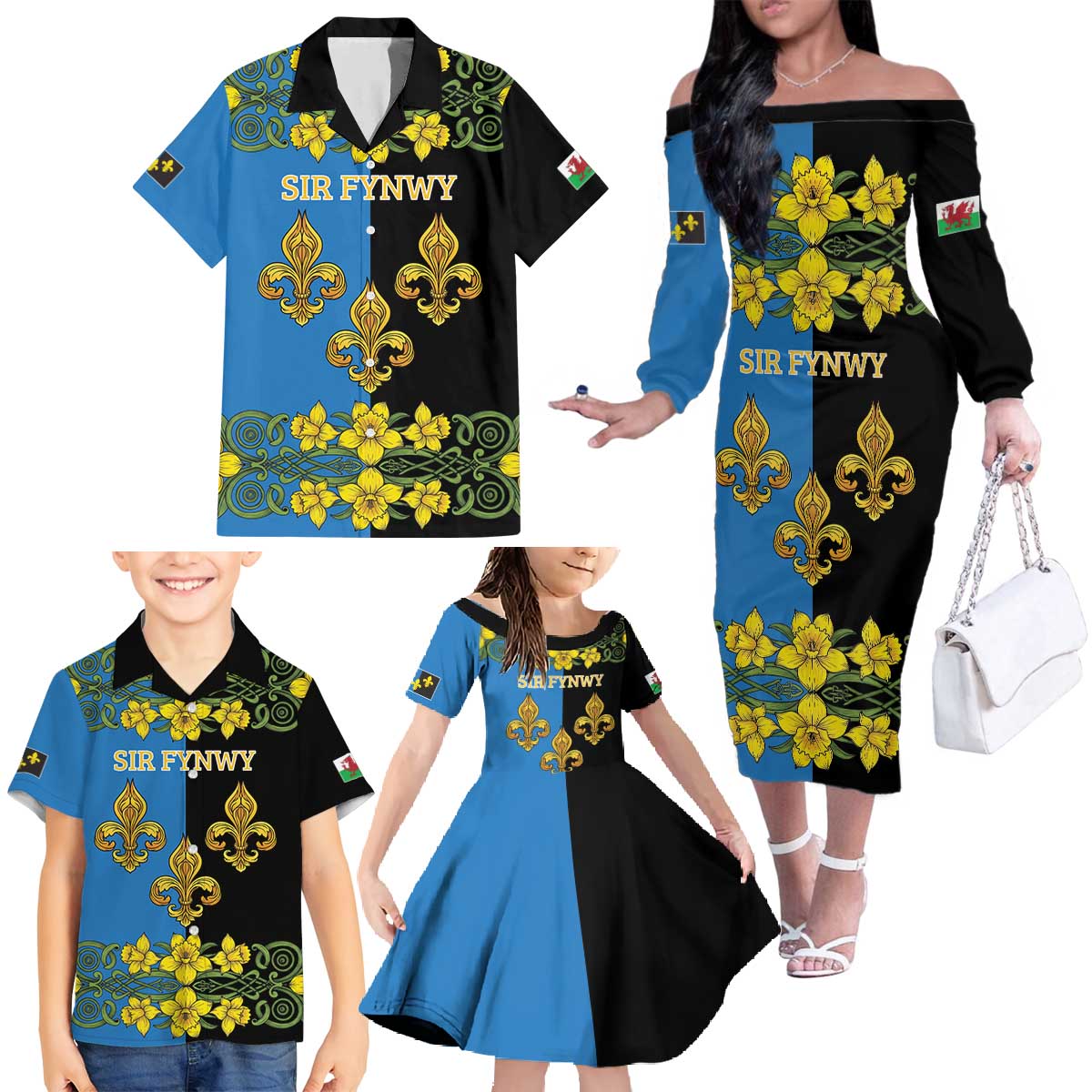 Personalized Monmouthshire Wales Family Matching Off The Shoulder Long Sleeve Dress and Hawaiian Shirt Sir Fynwy Flag With Welsh Daffodil - Wonder Print Shop