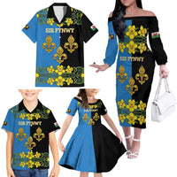 Personalized Monmouthshire Wales Family Matching Off The Shoulder Long Sleeve Dress and Hawaiian Shirt Sir Fynwy Flag With Welsh Daffodil - Wonder Print Shop