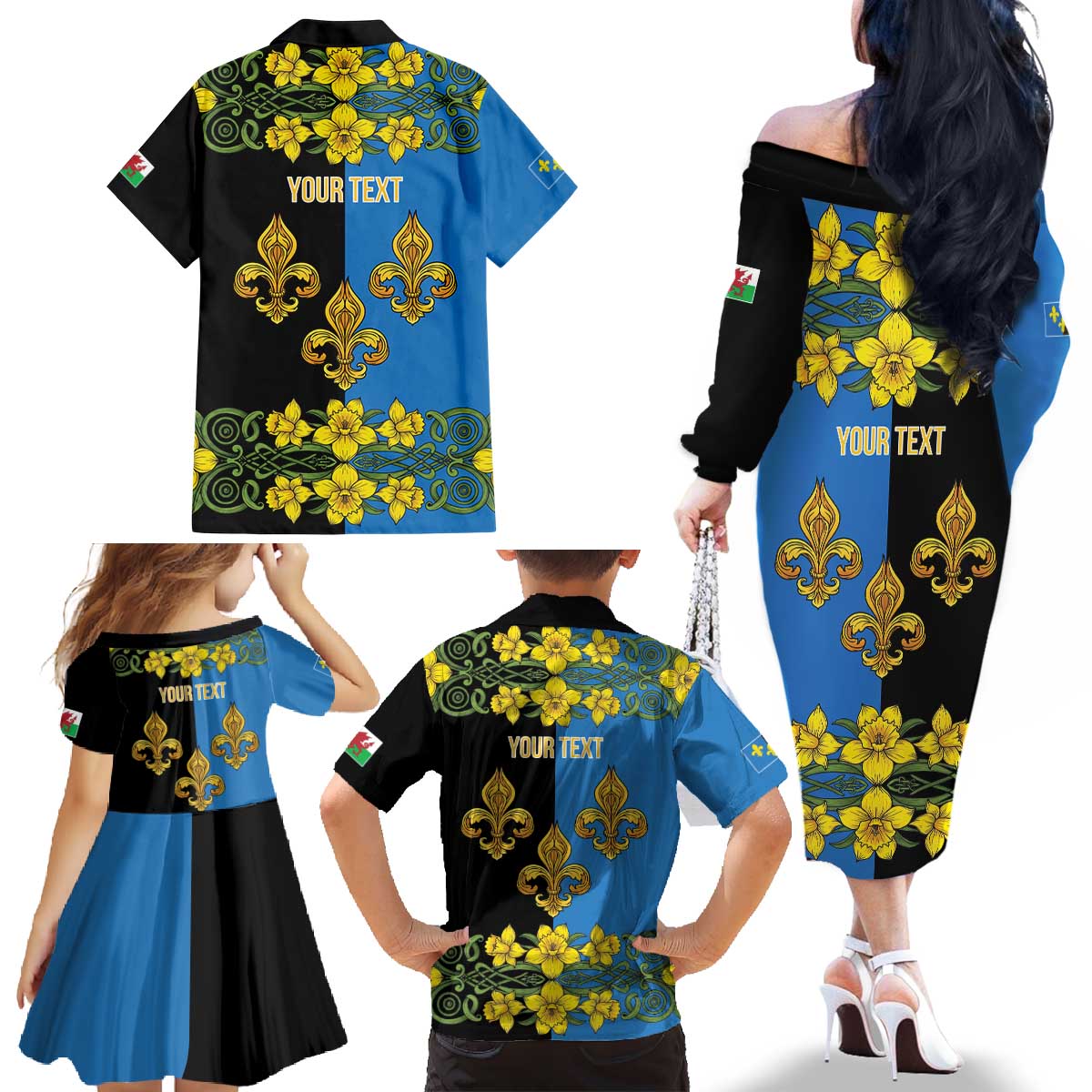 Personalized Monmouthshire Wales Family Matching Off The Shoulder Long Sleeve Dress and Hawaiian Shirt Sir Fynwy Flag With Welsh Daffodil - Wonder Print Shop