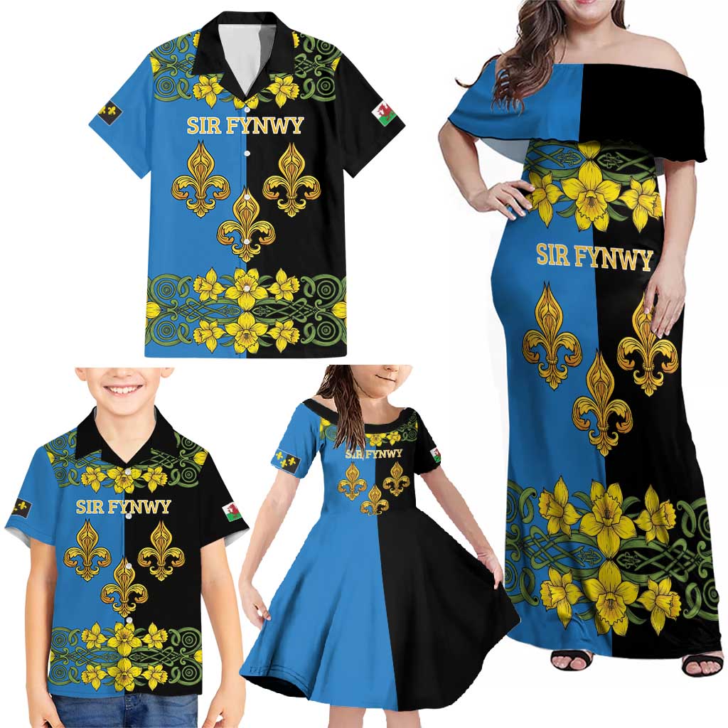 Personalized Monmouthshire Wales Family Matching Off Shoulder Maxi Dress and Hawaiian Shirt Sir Fynwy Flag With Welsh Daffodil - Wonder Print Shop