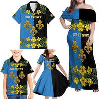 Personalized Monmouthshire Wales Family Matching Off Shoulder Maxi Dress and Hawaiian Shirt Sir Fynwy Flag With Welsh Daffodil - Wonder Print Shop