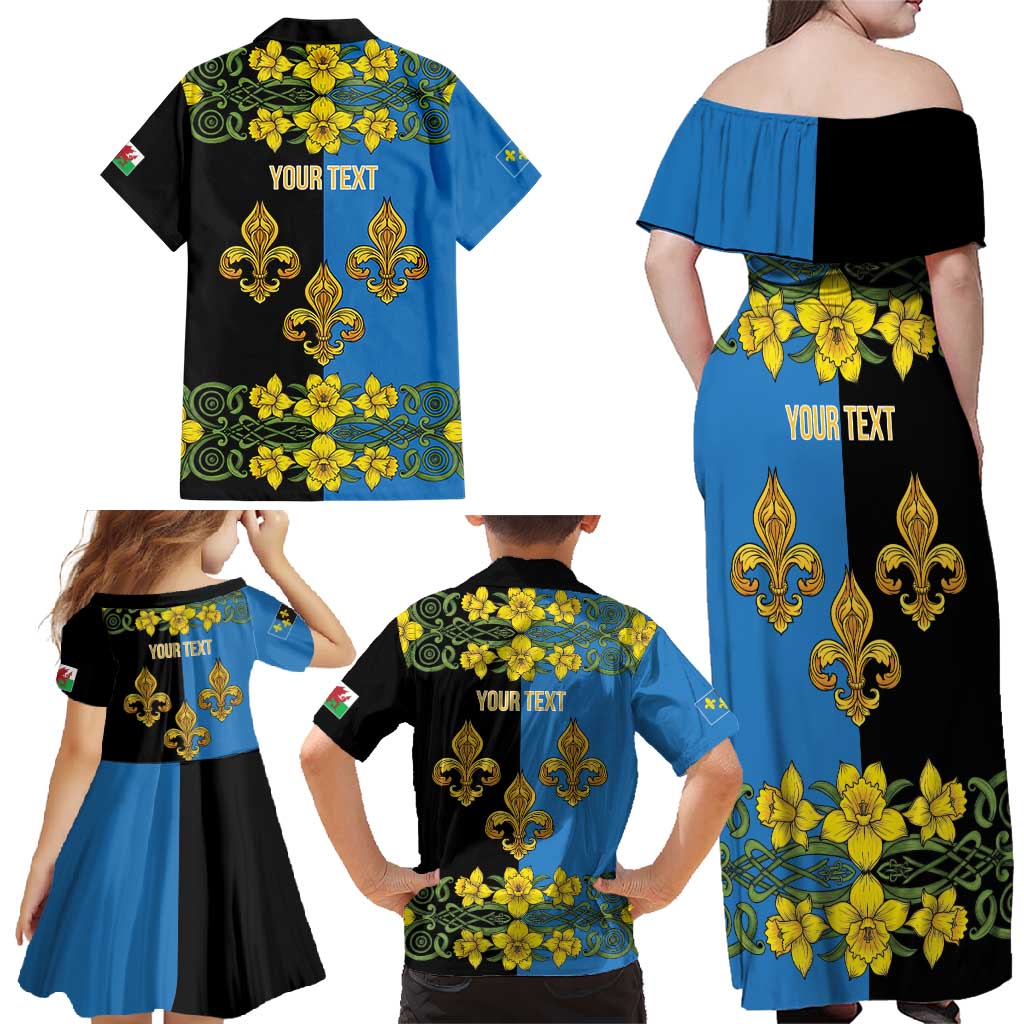 Personalized Monmouthshire Wales Family Matching Off Shoulder Maxi Dress and Hawaiian Shirt Sir Fynwy Flag With Welsh Daffodil - Wonder Print Shop